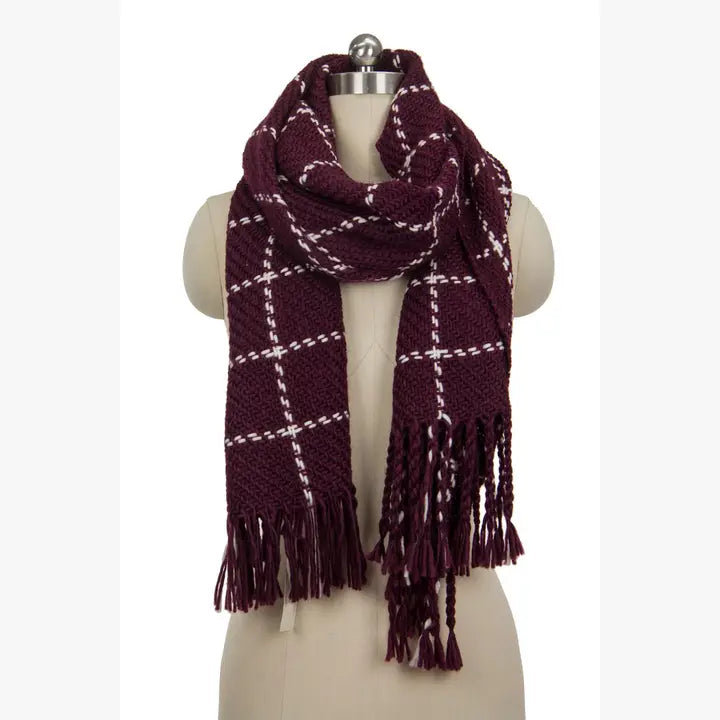 Stitched Plaid Acrylic Scarf With Fringe