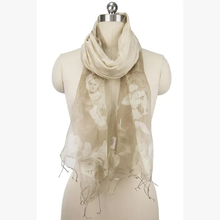 Botanical Silk Scarf with twisted fringes