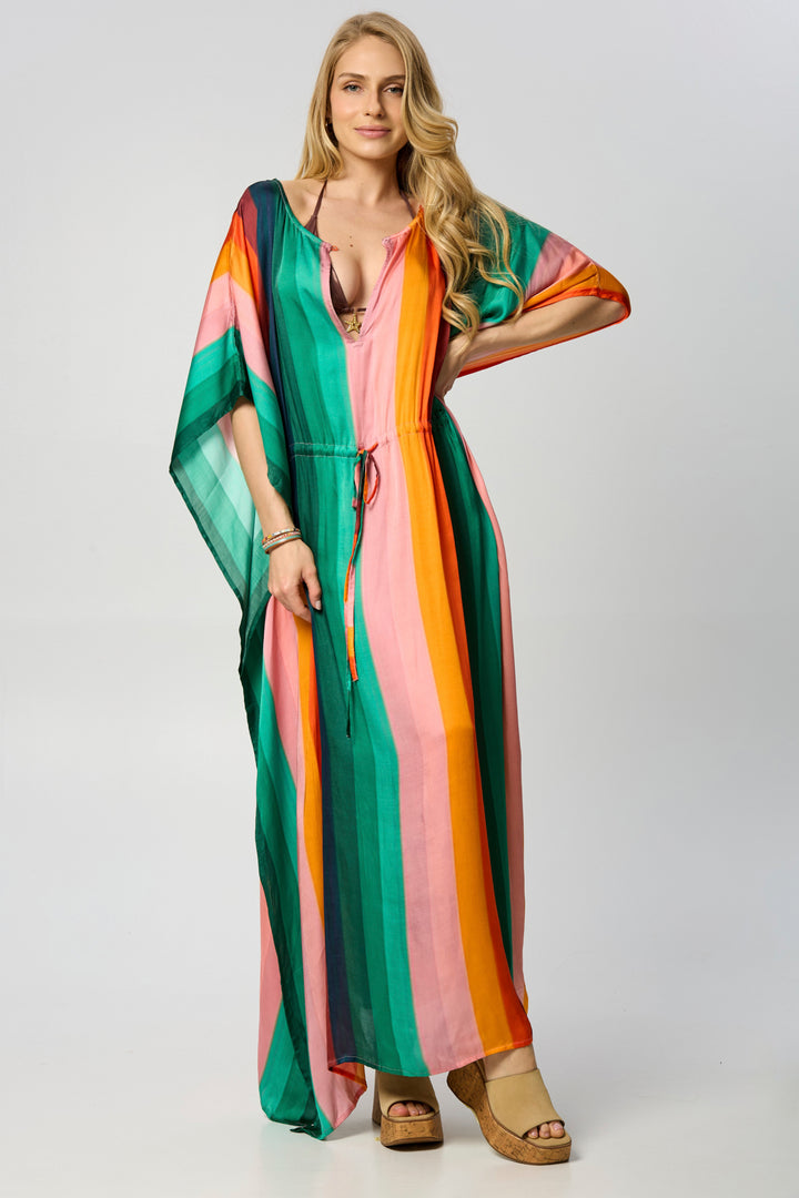 Multicolor Striped Tie Waist Keyhole Kaftan
