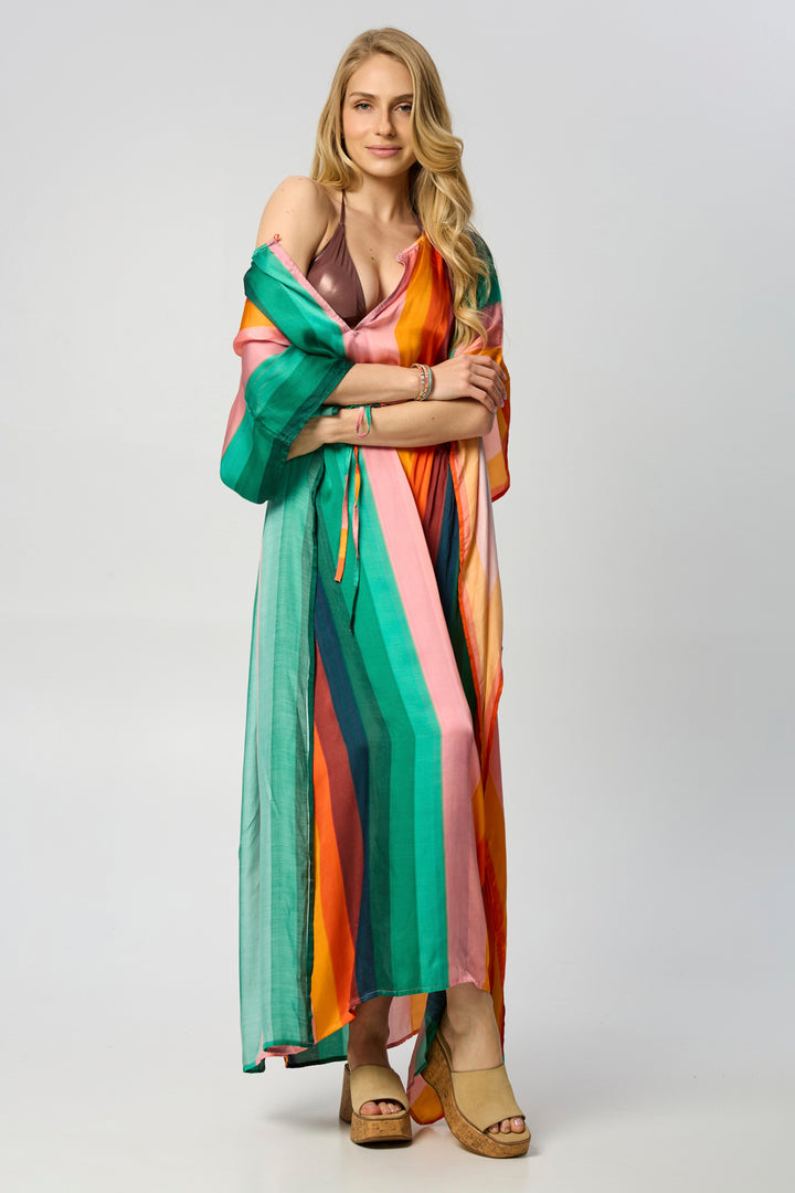 Multicolor Striped Tie Waist Keyhole Kaftan