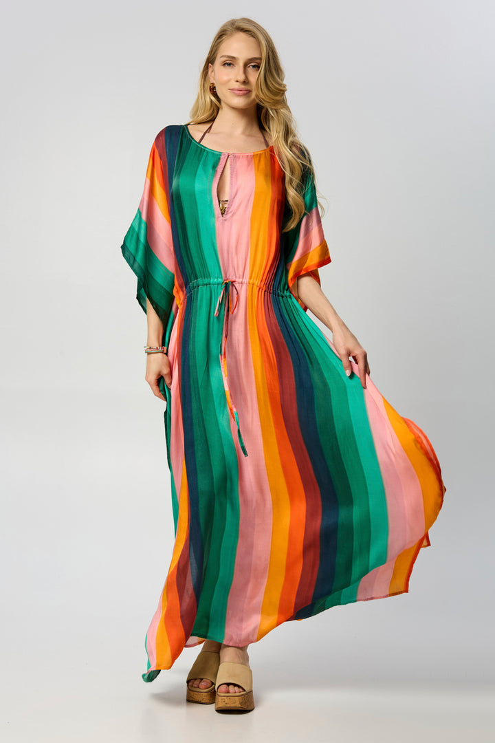 Multicolor Striped Tie Waist Keyhole Kaftan