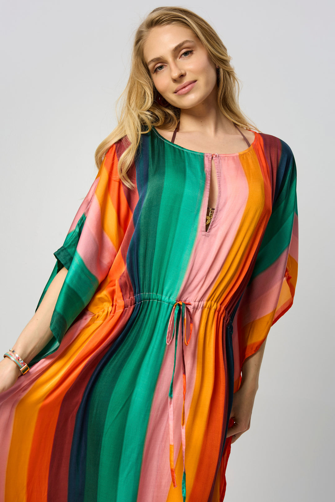 Multicolor Striped Tie Waist Keyhole Kaftan