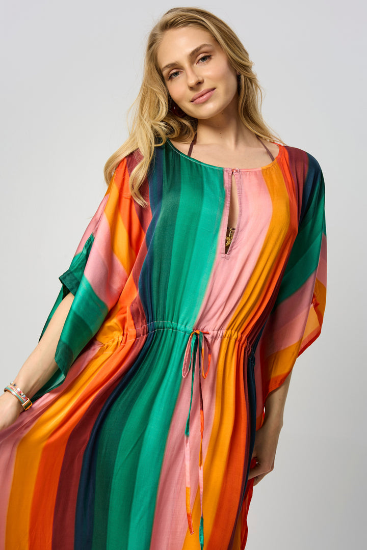 Multicolor Striped Tie Waist Keyhole Kaftan
