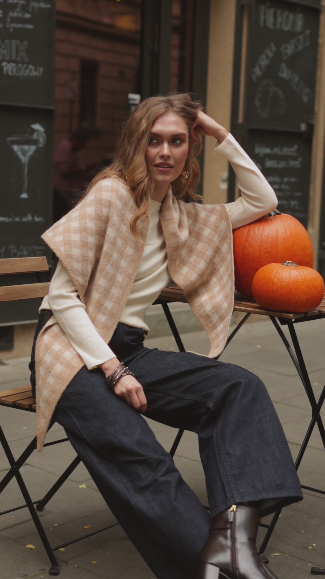 Gingham Knit Triangle Wrap