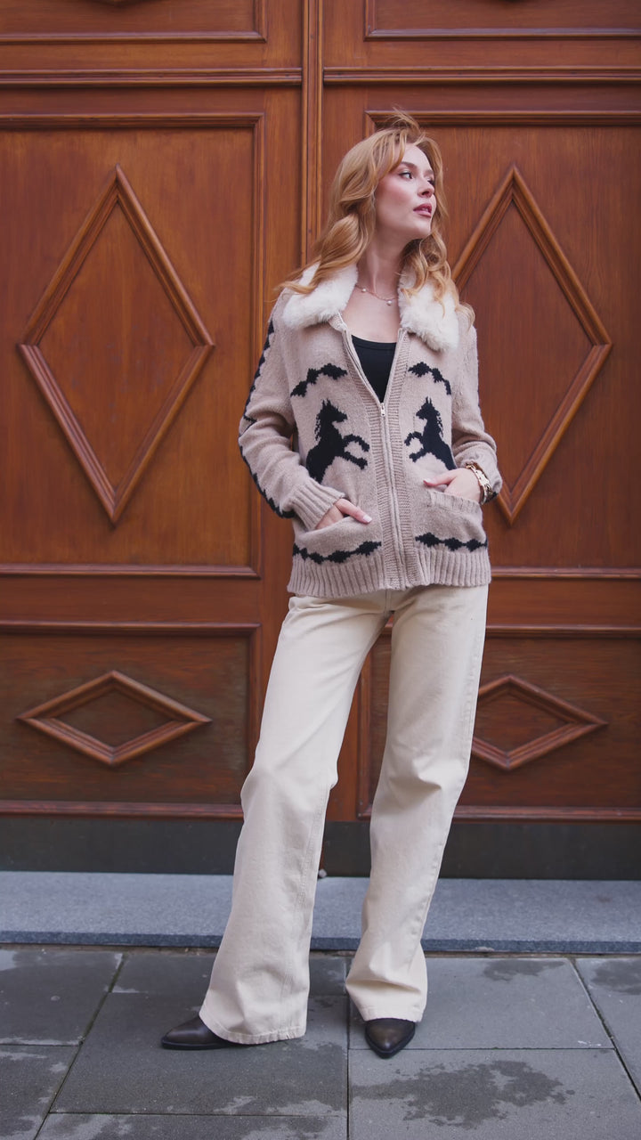 Fur Collar Horse Knit Jacket