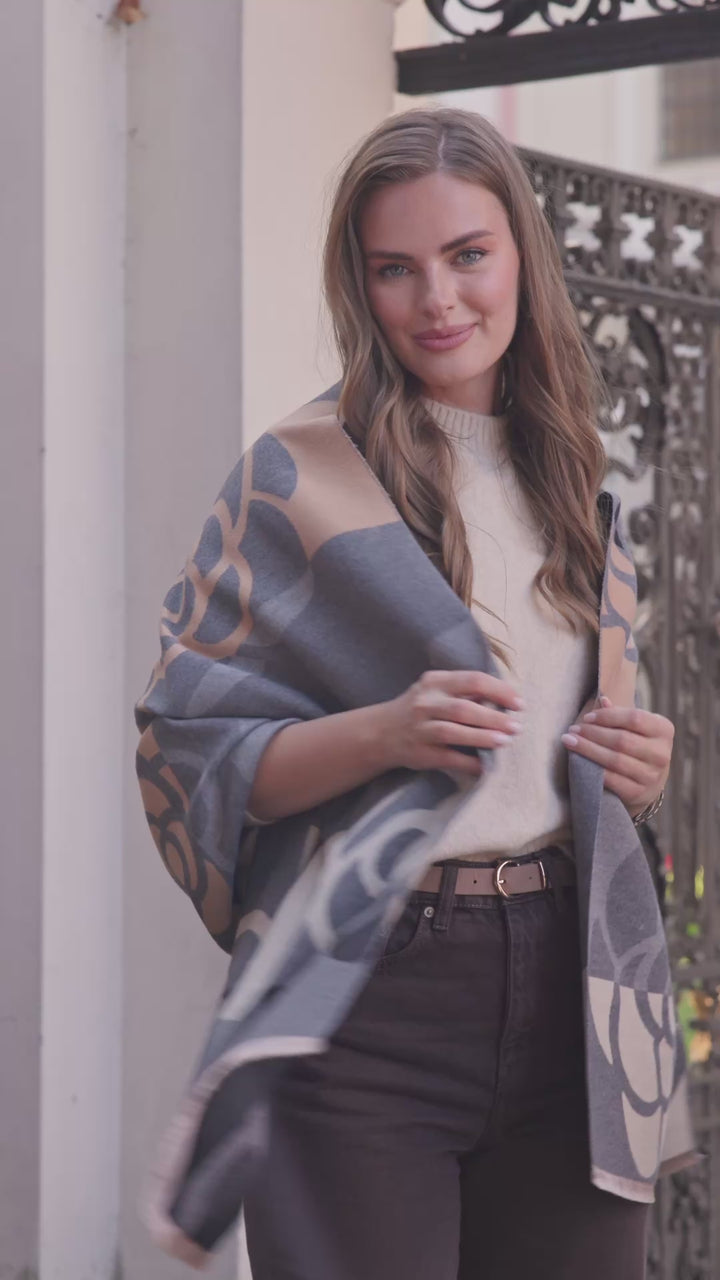 Geo Floral Reversible Scarf - Grey