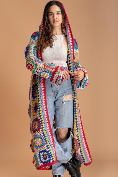 Hooded Wool Granny Square Crochet Kimono