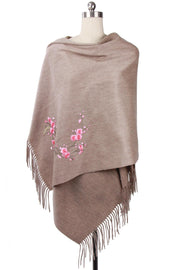 Embroidered Sakura Wool Woven Scarf with Fringe