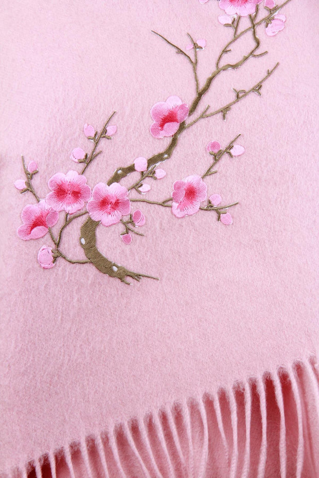 Embroidered Sakura Wool Woven Scarf with Fringe