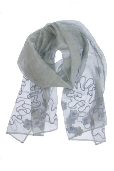 Embroidered Silver Silk Scarf