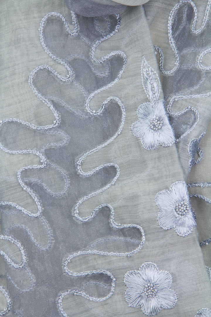 Embroidered Silver Silk Scarf