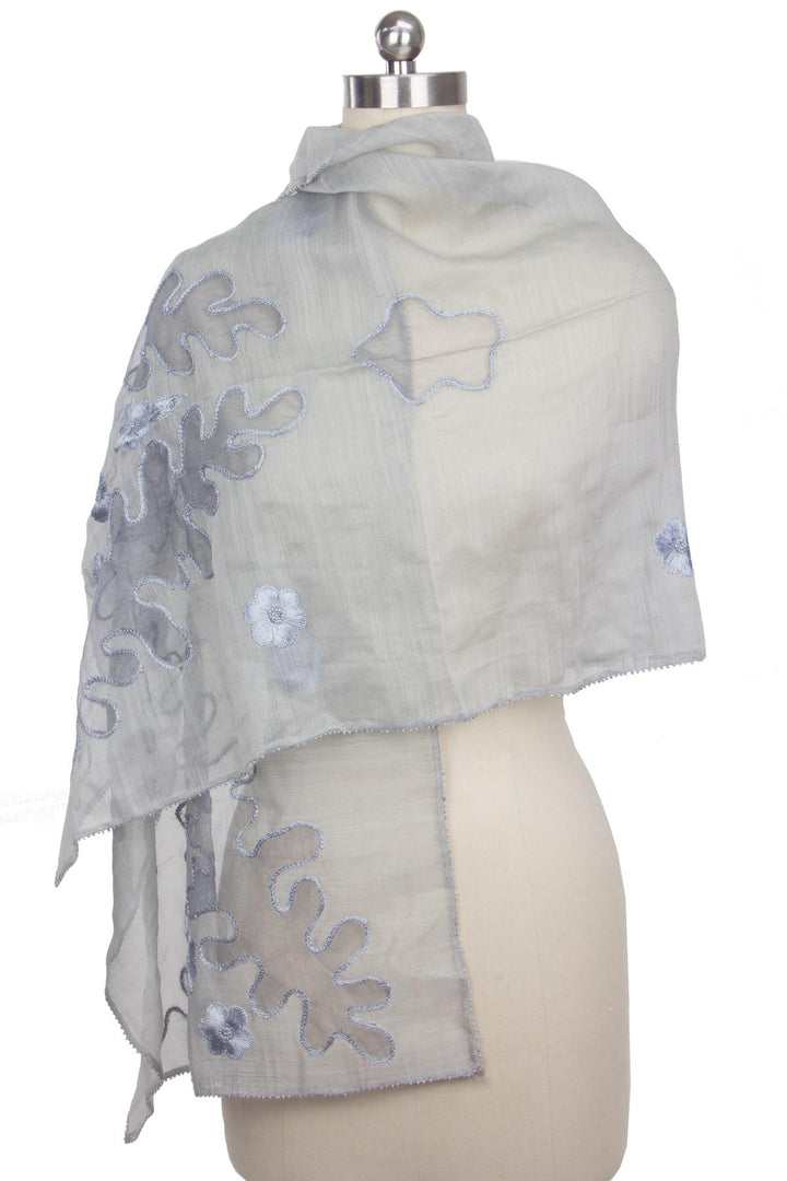 Embroidered Silver Silk Scarf