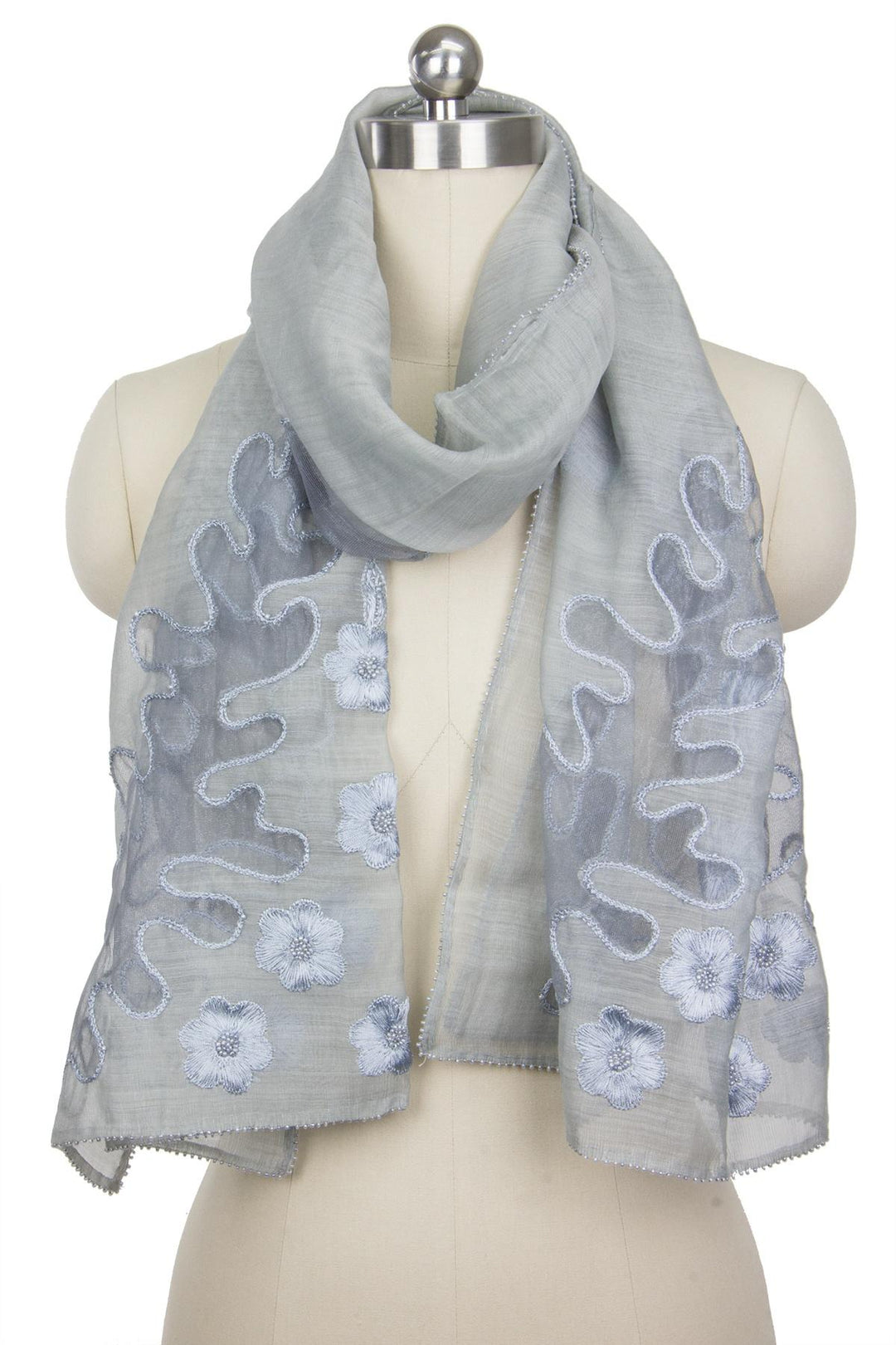 Embroidered Silver Silk Scarf