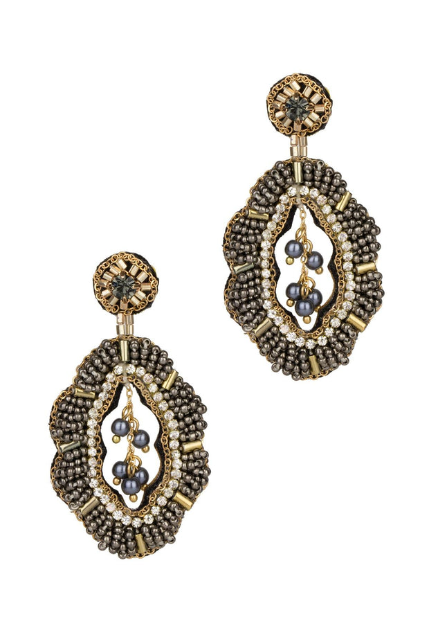 Rococo Leather Beaded Statement Drop Earring With Crystal