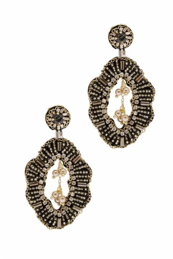 Rococo Leather Beaded Statement Drop Earring With Crystal