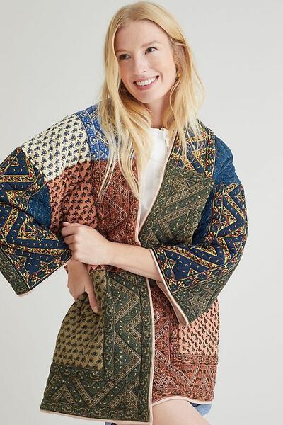 Anthropologie  Green Kimono Quilted Patchwork Jacket Size 4 (S