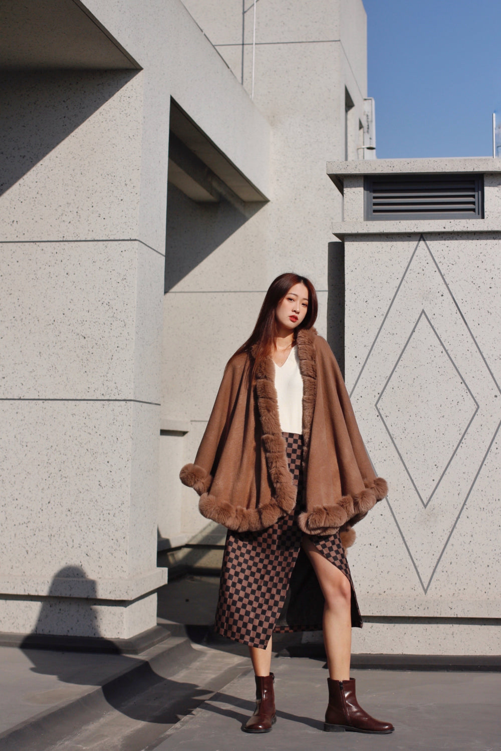 Faux Fur Cape Kimono Camel