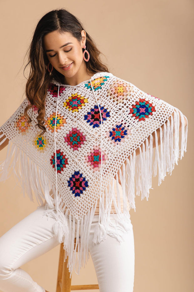 White Square Crochet Fringe Poncho