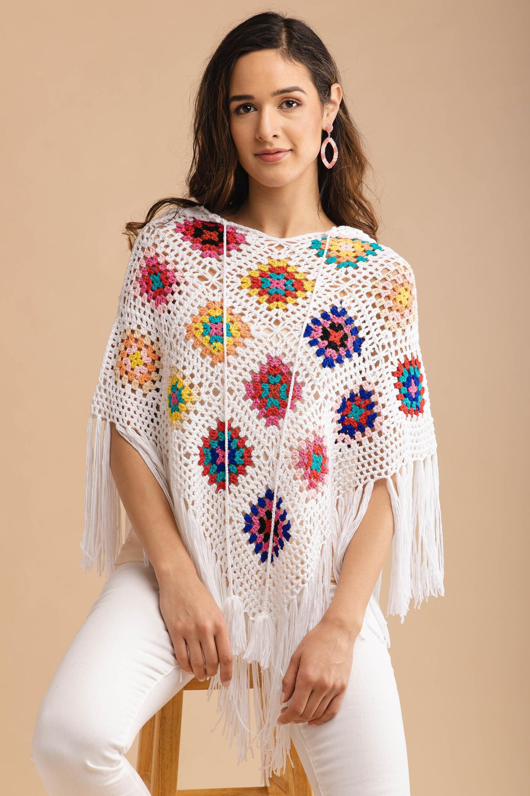 White Square Crochet Fringe Poncho