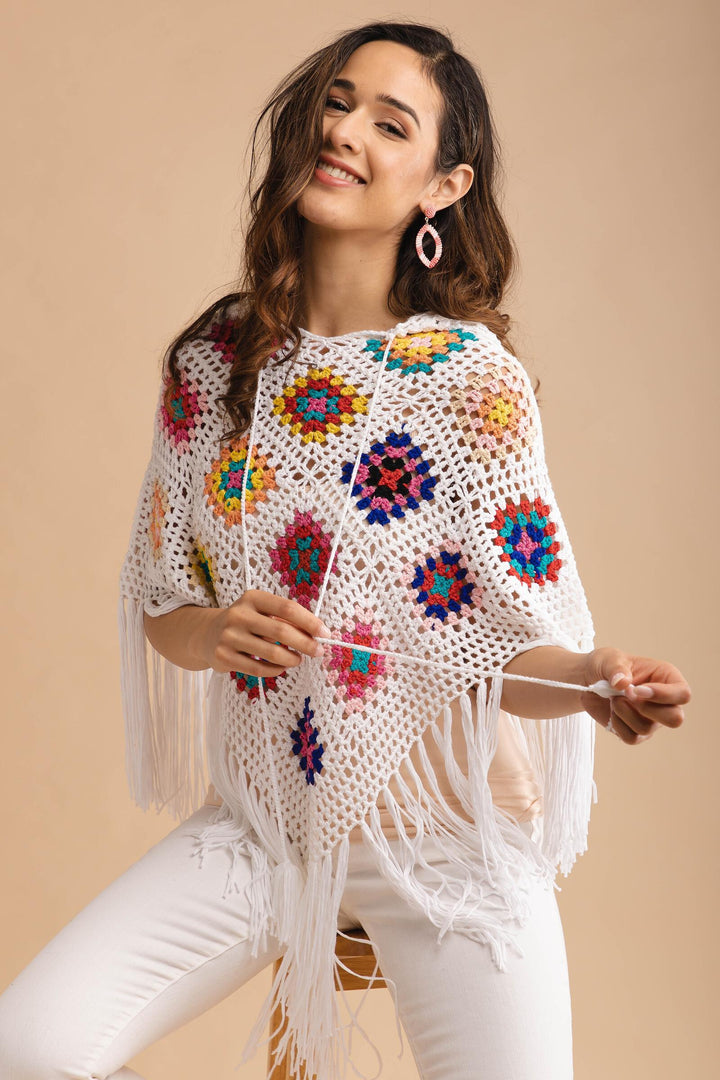 White Square Crochet Fringe Poncho