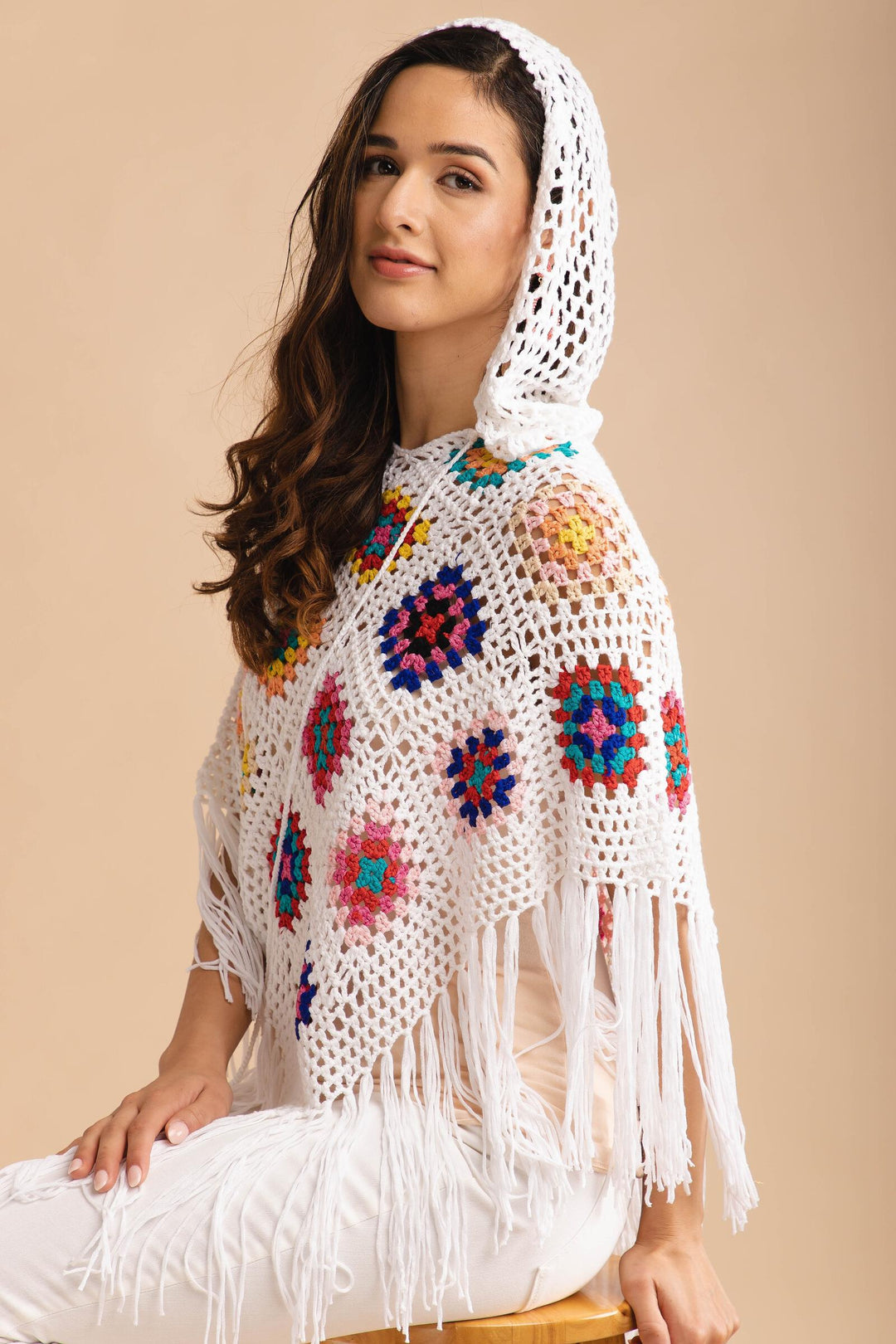 White Square Crochet Fringe Poncho