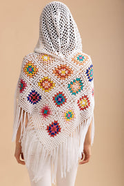 White Square Crochet Fringe Poncho