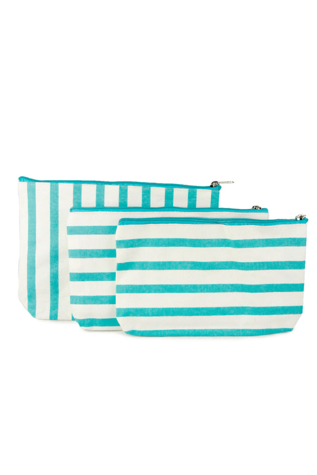 Turquoise Striped Cosmetics Bag Set of 3