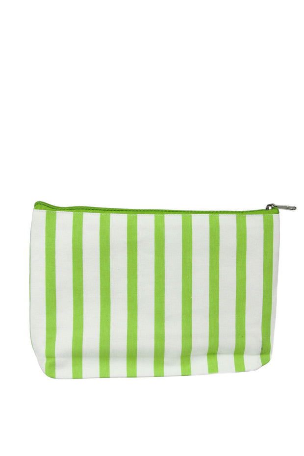 White and Green Striped Cosmetic Bag