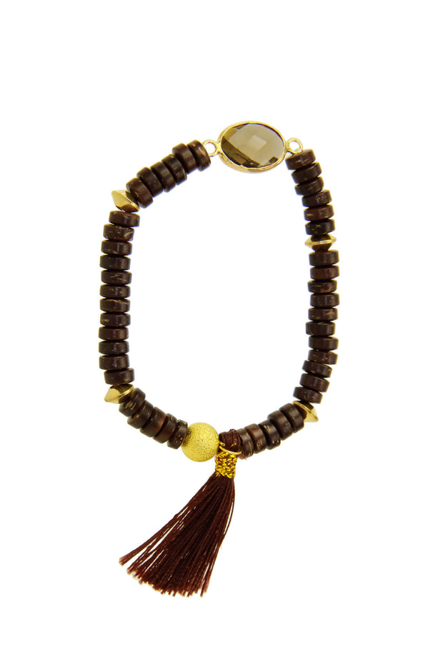 Coconut Beads with Brown Connector Tassel Bracelet