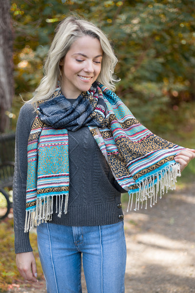Striped Pattern Scarf with Fringe